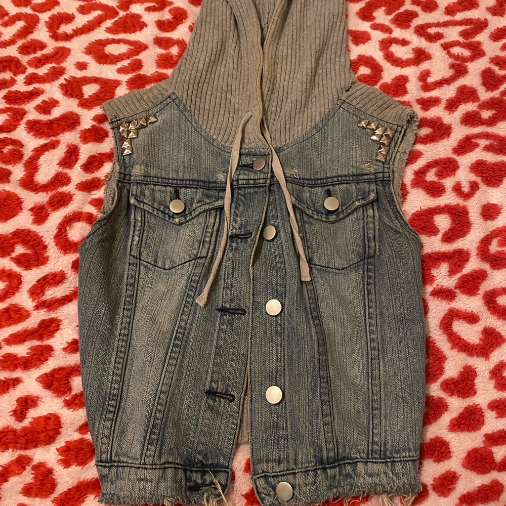 Denim Vest with Studs And  Gray Hood
